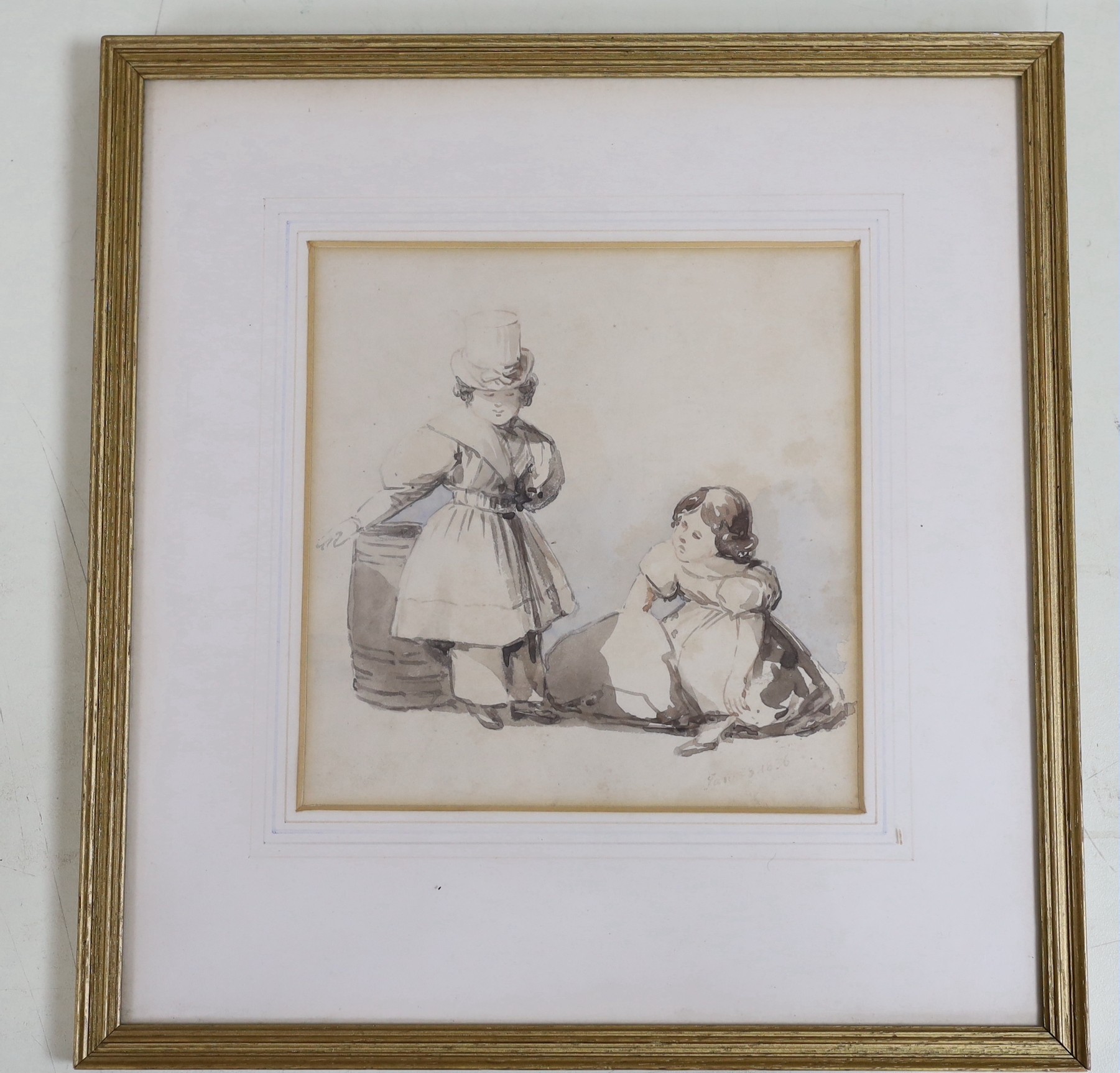 James (19th C.), watercolour, Study of two children, dated 1856, 17 x 16cm